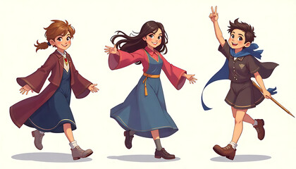 Three smiling anime children walking in a line, one giving a peace sign, ready for an adventure.