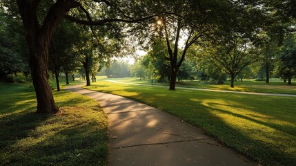 Obraz premium Sunlit Winding Track Through Green Trees in a Serene Park Setting