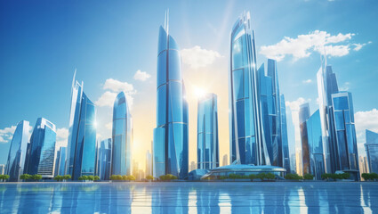 A modern cityscape with tall buildings is reflected in calm water. The sky is blue with few clouds, and sunlight illuminates the city.