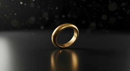 Golden Ring on Dark Surface with Sparkling Bokeh Lighting