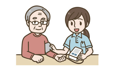 高齢者の血圧測定をする介護士のイラスト（医療・介護）