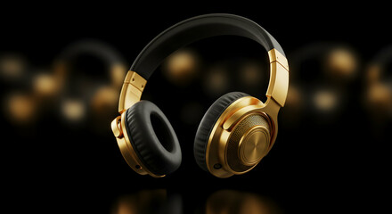 Fototapeta premium Headphones in Gold and Black Finish on Dark Background