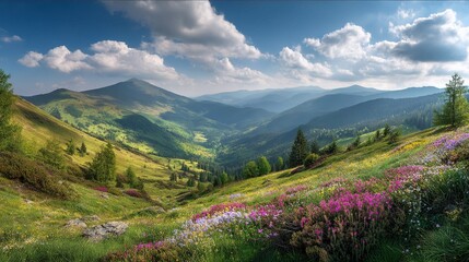 Obraz premium Lush Flowering Meadows Under Warm Sunlight in Serene Hills