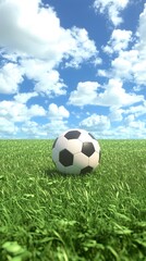 Soccer Ball on Green Grass Under Blue Sky with Clouds