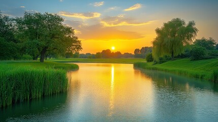 Fototapeta premium Serene sunrise over tranquil lake, lush greenery surrounds