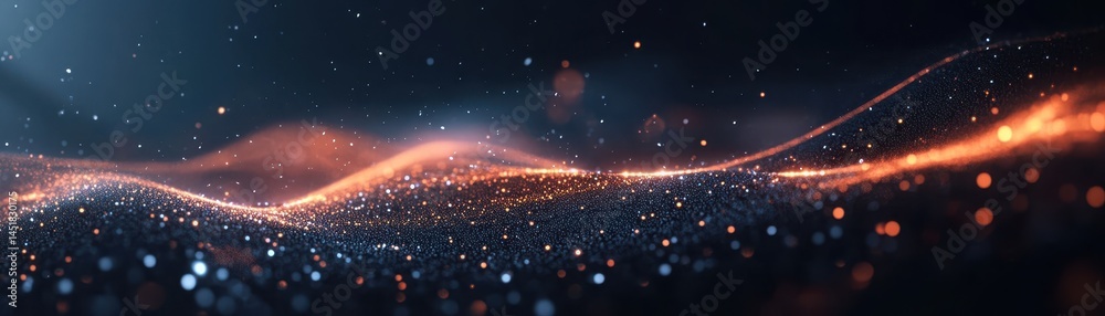 Poster Abstract Digital Wave Background with Glowing Particles in Deep Blue and Orange Hues Creating a Dynamic Sparkly Effect Ideal for Modern Designs