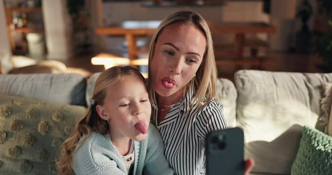 Happy mom, child or sofa with selfie for photography, bonding or picture together at home. Mother, daughter or kid with tongue out, goofy or silly faces for memory or funny capture moment at house