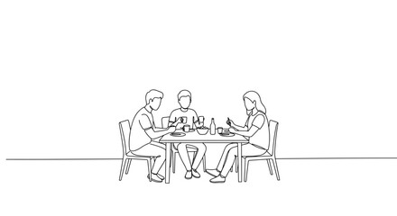 Three people enjoying a meal together in a minimalist setting  