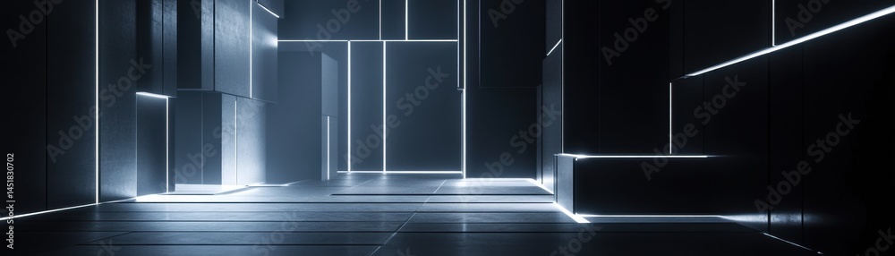 Poster Abstract Futuristic Architecture Tunnel with Geometric Shapes and Glowing Blue Lighting Creates a Modern Industrial Structure for Digital Design and Sci-Fi Backgrounds