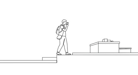 Fototapeta premium Person walking and taking a photo with backpack in a minimalist setting 