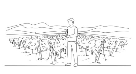Vineyard worker observing grapes in a scenic landscape  