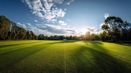 Sunlit Wide Angle View of Cricket Ground Under Clear Blue Sky