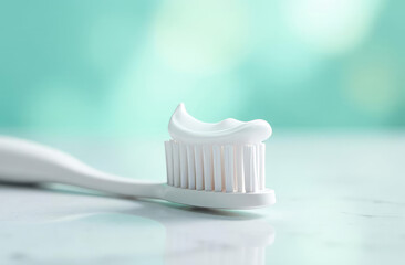A close-up of a perfectly white toothbrush with a carefully applied drop of clear toothpaste that shimmers slightly in the light.