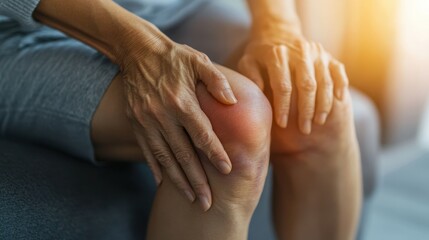 A woman suffering from knee pain due to an injury, tendon problems from a workout, osteoarthritis, and articular inflammation, with a focus on the discomfort and impact on daily life.