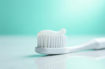 A close-up of a perfectly white toothbrush with a carefully applied drop of clear toothpaste that shimmers slightly in the light.