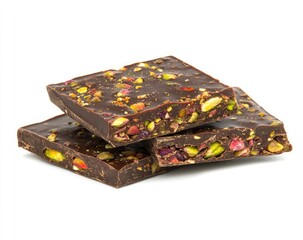 Dark chocolate squares with pistachios and dried fruit.  Three pieces of dark chocolate, studded with pistachios and colorful dried fruit pieces, are stacked on top of one another. 