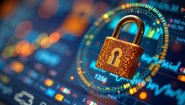 hyperreal close up of a lock icon hovering over financial data, data protection and wealth preservation theme