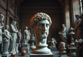 Obraz premium Fragmentary Roman bust amidst classical sculptures and artifacts in a dimly lit room, decor, dark