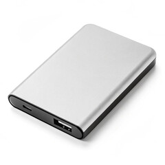 Portable SSD storage drive on white background