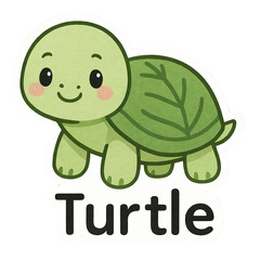 Obraz premium Cute cartoon turtle with a smiling face and green shell, featuring rosy cheeks and large eyes.