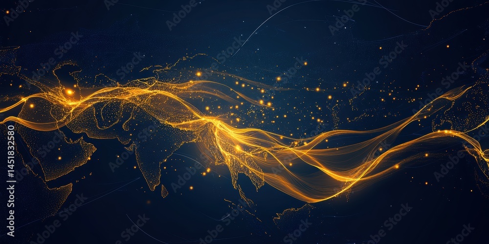 Poster Abstract Golden Particle Wave Design on Dark Blue Background with Glowing Lights for Modern Art and Decorative Motion Graphics