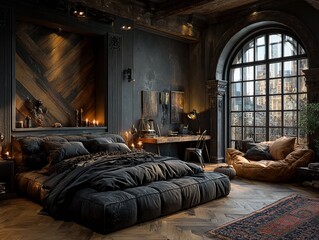 Luxurious, dimly lit bedroom with a large window overlooking the cityscape, capturing a serene and inviting dark aesthetic.