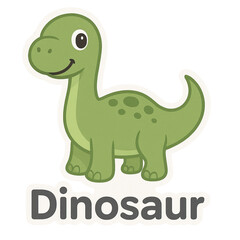 Obraz premium A cute green cartoon dinosaur with a smiling face and large eyes stands above the word 