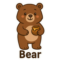 Obraz premium Cute cartoon bear holding a pot of honey with a friendly smile.
