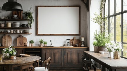 Rustic kitchen with blank wall art, wooden cabinets, open shelves, and greenery, blending vintage charm with modern simplicity.