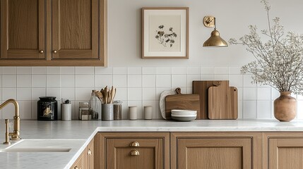 A welcoming kitchen countertop with wooden accents, white backsplash, decorative elements and a neutral color palette.