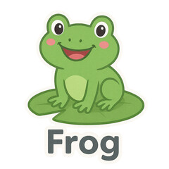 Obraz premium A smiling cartoon frog sits on a lily pad with the word 