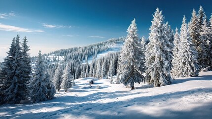 Obraz premium Snowy Alpine Landscape with Frosted Trees Under Clear Sky