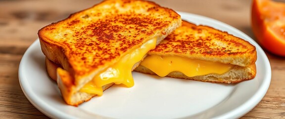 Golden-brown grilled cheese, cheese overflowing, white plate, white plate, texture