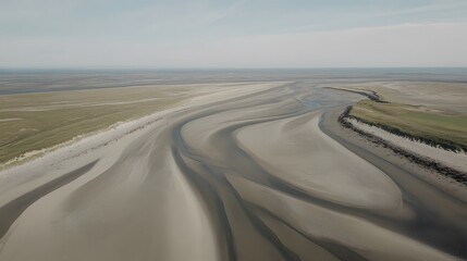 Aerial View of Coastal Tidal Patterns Sand Dunes Beach Ocean