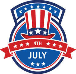 4th of July Independence Day Badge with Patriotic Hat, Stars and Stripes Emblem Design
