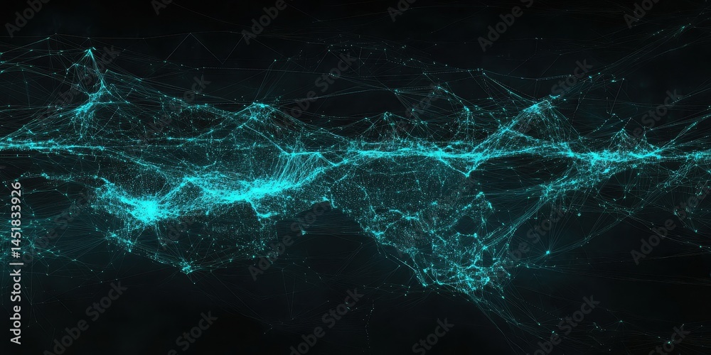 Poster Abstract Light Blue Network Background with Dotted Connections and Flowing Lines Glowing Digital Pattern Against Dark Backdrop Perfect for Modern Tech or Scientific Visualizations