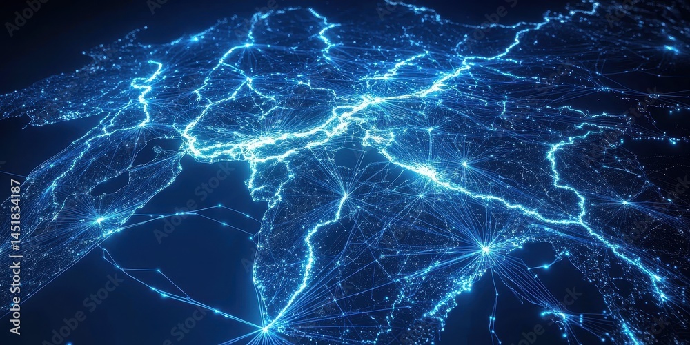 Poster Abstract Network Connection with Blue Light Data Transmission Over Dark Background Representing Modern Futuristic Technology and Global Communication System
