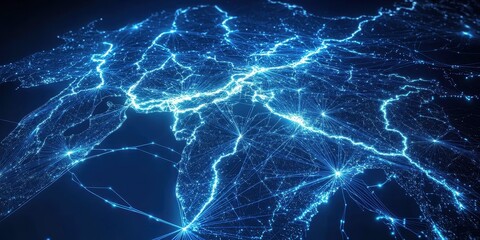 Abstract Network Connection with Blue Light Data Transmission Over Dark Background Representing Modern Futuristic Technology and Global Communication System