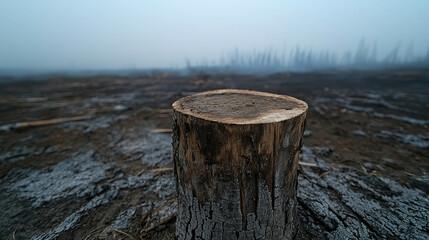 Naklejka premium Isolated Tree Stump in Foggy Landscape After Forest Fire and Deforestation with Gray Background