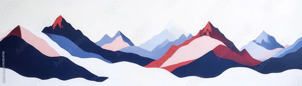 Poster abstract pixel art mountain range in blue and red tones against white background geometric style pan