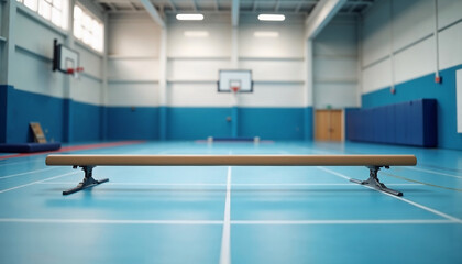 Gymnastics balance beam set in an empty gymnasium with blue flooring, creating an inviting training space