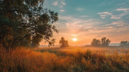 Fototapeta premium Soft Sunrise Over Meadow in Early Autumn with Glowing Colors