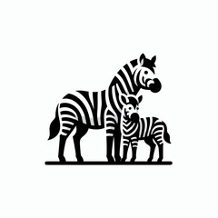 Zebra Mother and Foal Standing Together in the Grasslands