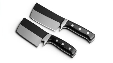 Two butcher knives, black handles, and steel blades, arranged for display