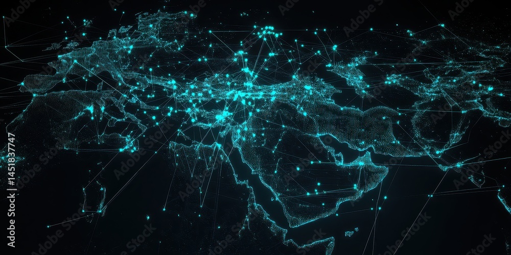 Poster abstract world map illustration with blue city lights at night emphasizing geographic structure and 