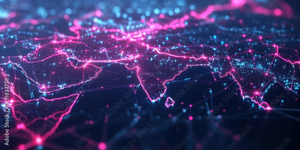 Poster Abstract World Map Network with Glowing Dots and Lines in Magenta and Blue Illustrating Global Connection and Data Flow with a Futuristic Feel
