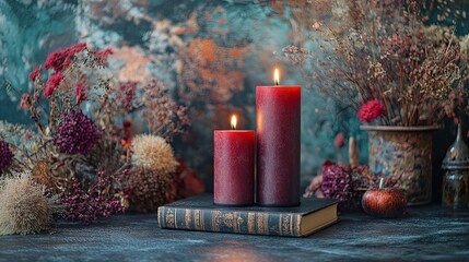 Red burning candle for gothic home decoration, dark interior decor, Halloween aesthetic, gothic ambiance, home lighting, mysterious mood, candle decor.