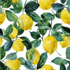 Vibrant pattern of ripe lemons surrounded by lush green leaves on a white background, ideal for textiles