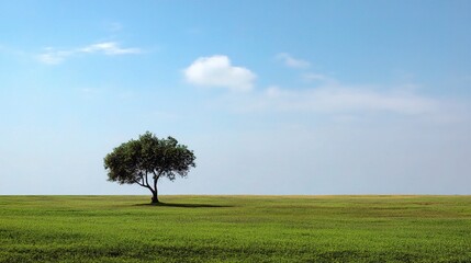 Obraz premium Solitary Tree Standing Under Wide Blue Sky in Open Landscape