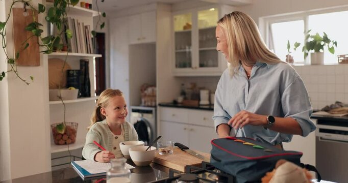 Home, mom and packing lunch for child, backpack and preparation for back to school, woman and daughter. Writing, homework and girl with notebook in morning, growth and development with education